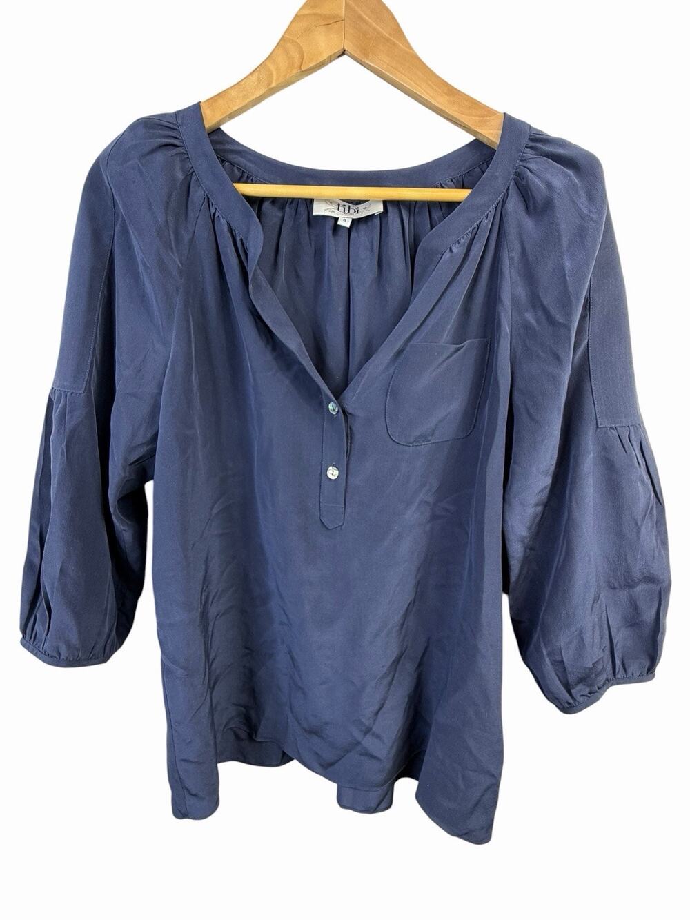 Tibi New York Silk Henley Pop Over Blouse Top Size 4 Navy Blue Peasant